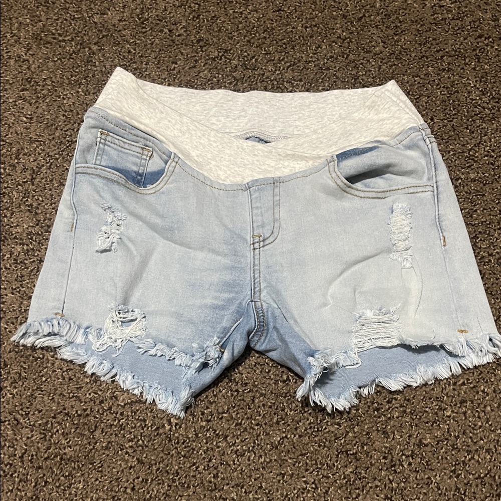 Women's Maternity Light Blue Distressed Denim Shorts